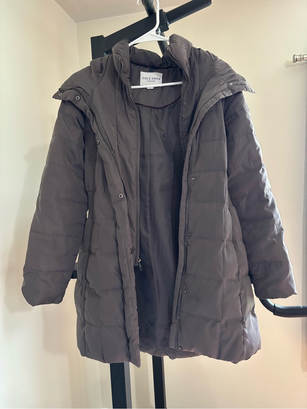 Cole Haan Women's Taupe Quilted Hooded Puffer Coat